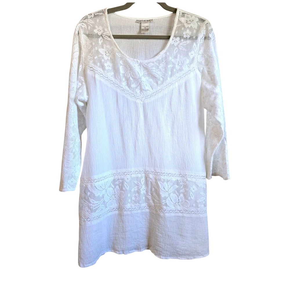 Cute Options Womens XL White Cotton Lace Gauze Boho Tunic Blouse 3/4 Sleeve